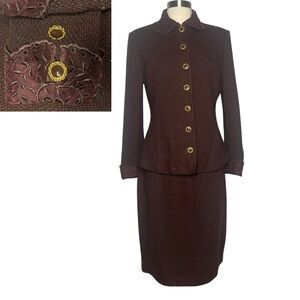 St John Collection Suit Eyelet Trim Brown DesignerJacket Size 6 Skirt Size 8 VTG
